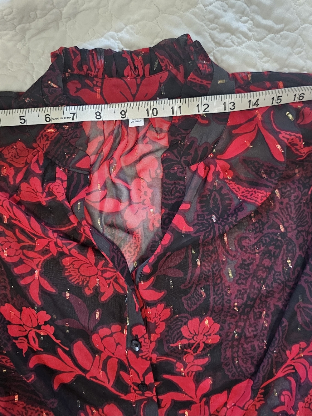 Chicos Sheer Red Black Floral Ruffled Blouse NWT 2 - Picture 11 of 16